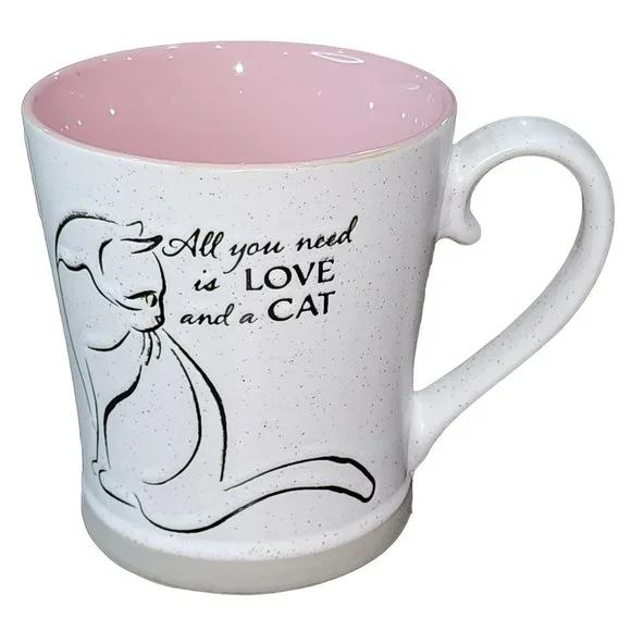 White And Pink Ceramic Cat Coffee Mug - All You Need Is Love And a Cat 16 Oz - Picture 2 of 16